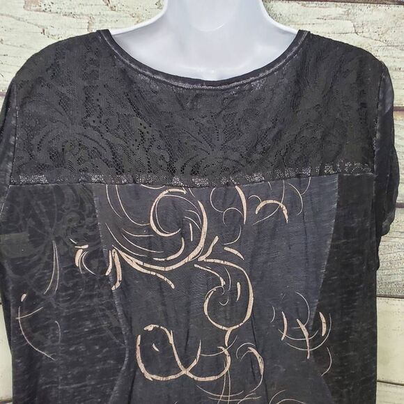 Maurices Women’s XL Black Lace Fleur-de-Lis Graphic Tee Rhinestone Studded Top - Picture 5 of 8
